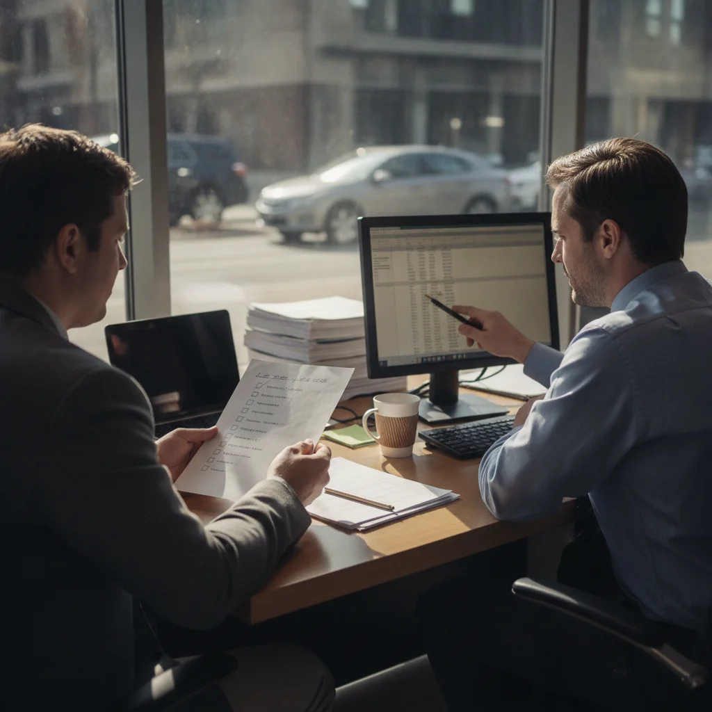 Car buyer sitting across from dealership finance manager at a desk, buyer holding a checklist