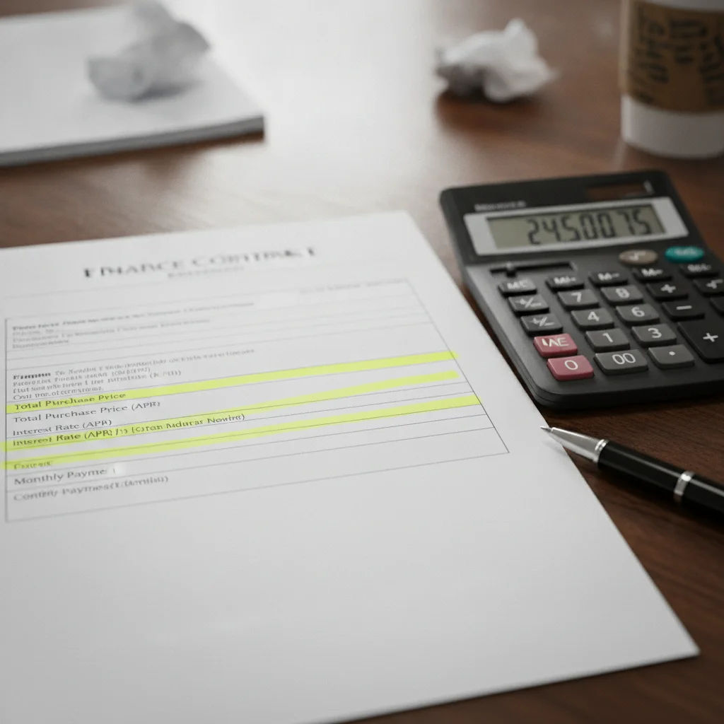 A highlighted car finance contract on a dealership desk next to a calculator.