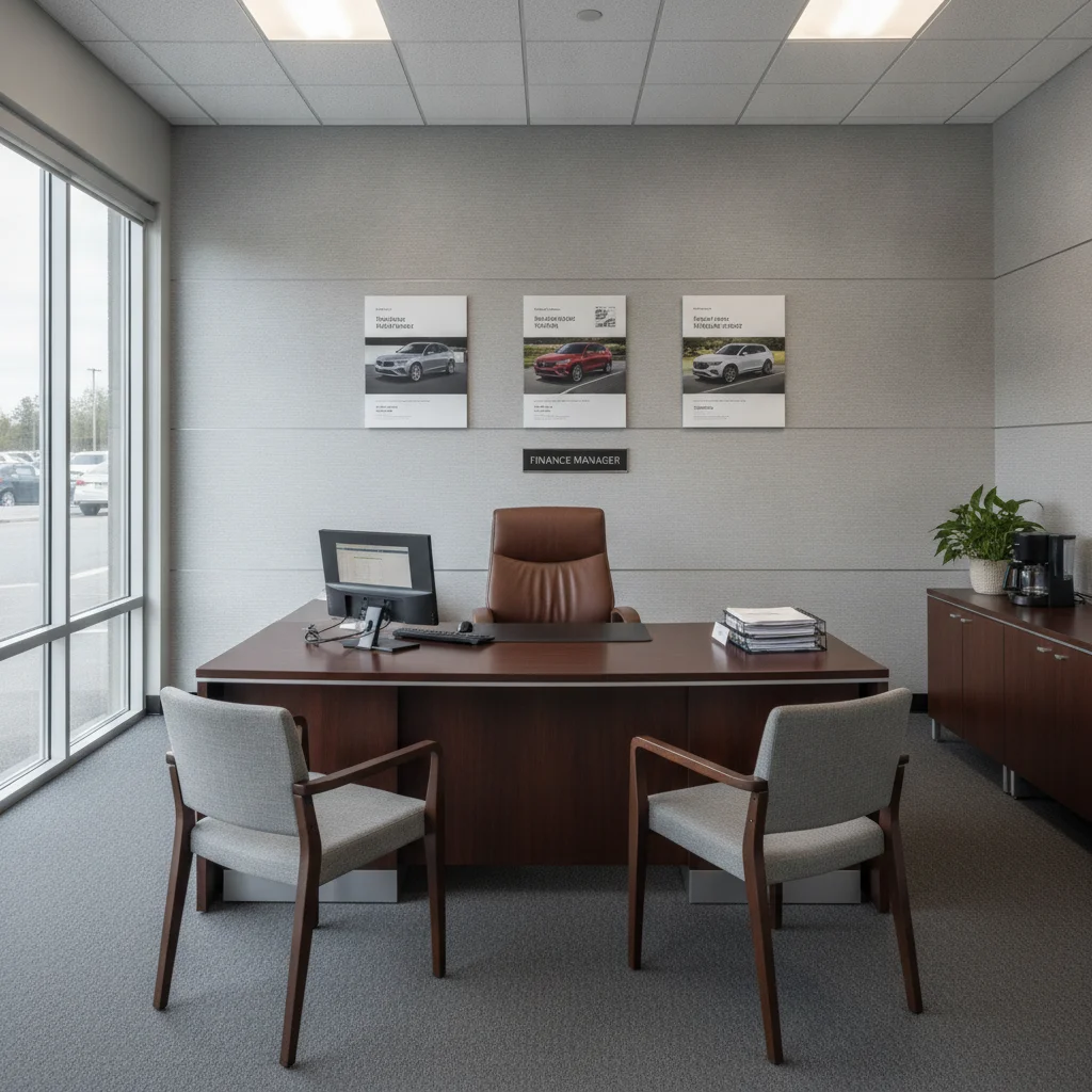 A dealership finance manager's office with product brochures displayed on the wall.