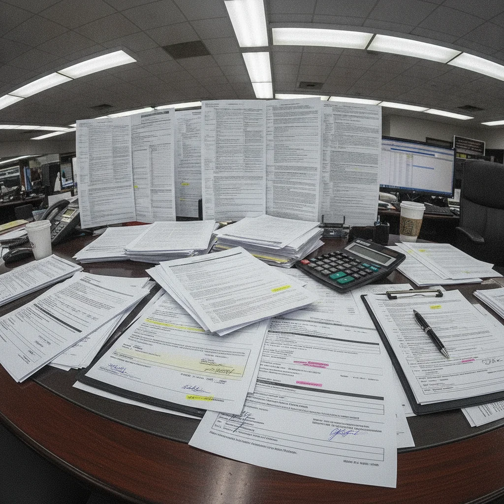 Dealership finance manager's desk covered with contract documents, calculator, and clipboard