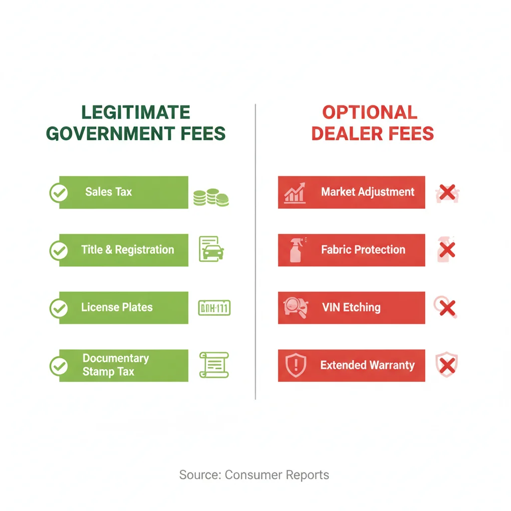 Infographic comparing government-mandated fees versus optional dealer fees on a car contract