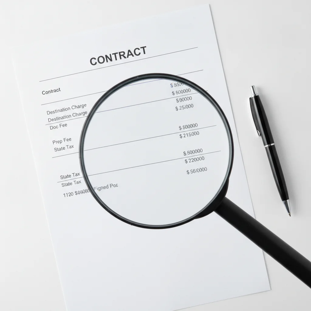 Magnifying glass over itemized dealer fee lines on a car purchase contract