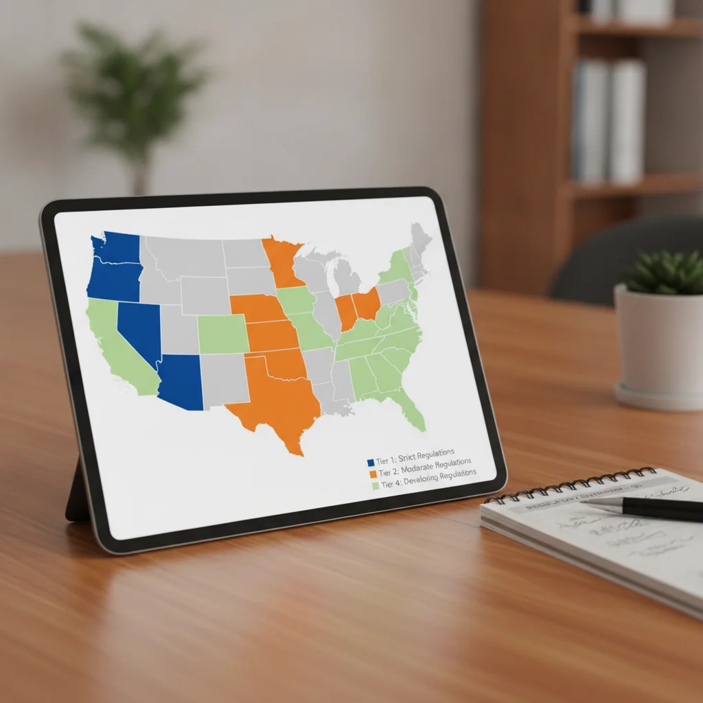 US map on a tablet screen with states highlighted to show varying dealer fee regulations