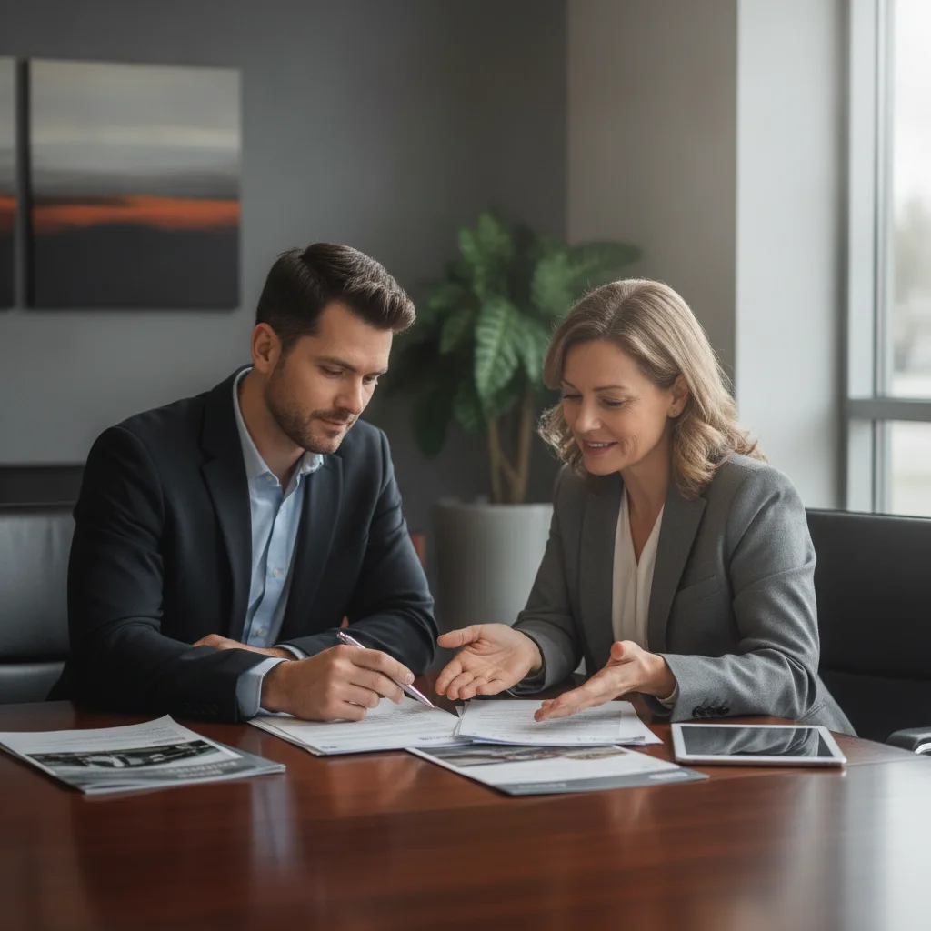 Car buyer reviewing documents with a dealership finance manager during contract signing