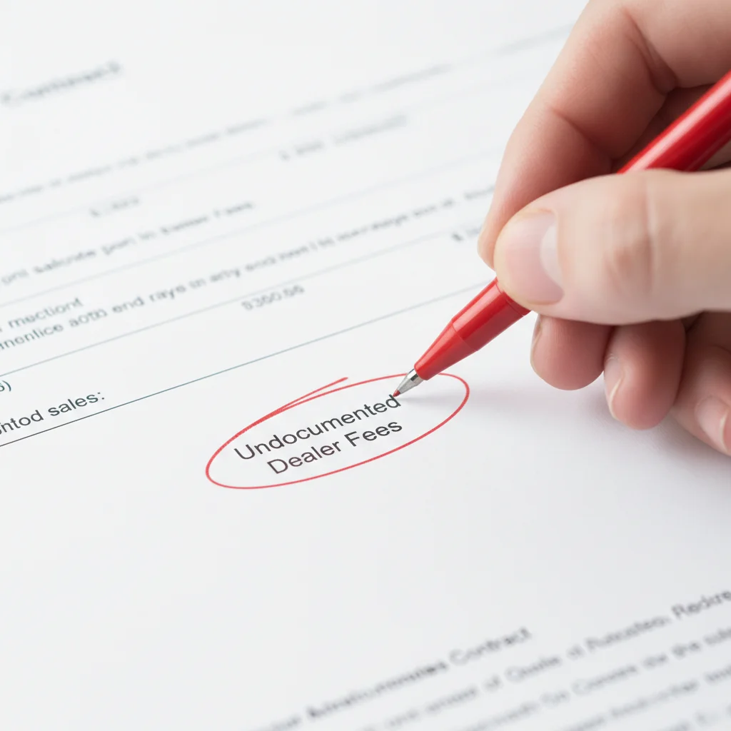 Hand with red pen circling a suspicious fee line on a car dealer contract