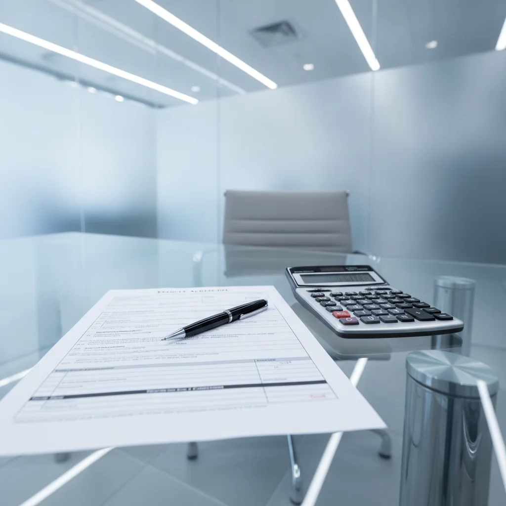 A car dealership finance office desk with purchase agreement documents and a calculator.
