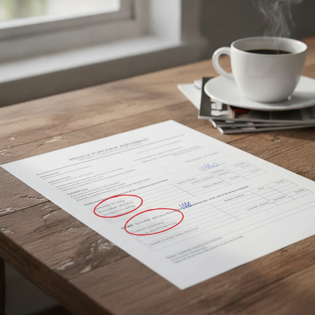 Printed car sales contract with multiple fee line items, some circled in red pen.