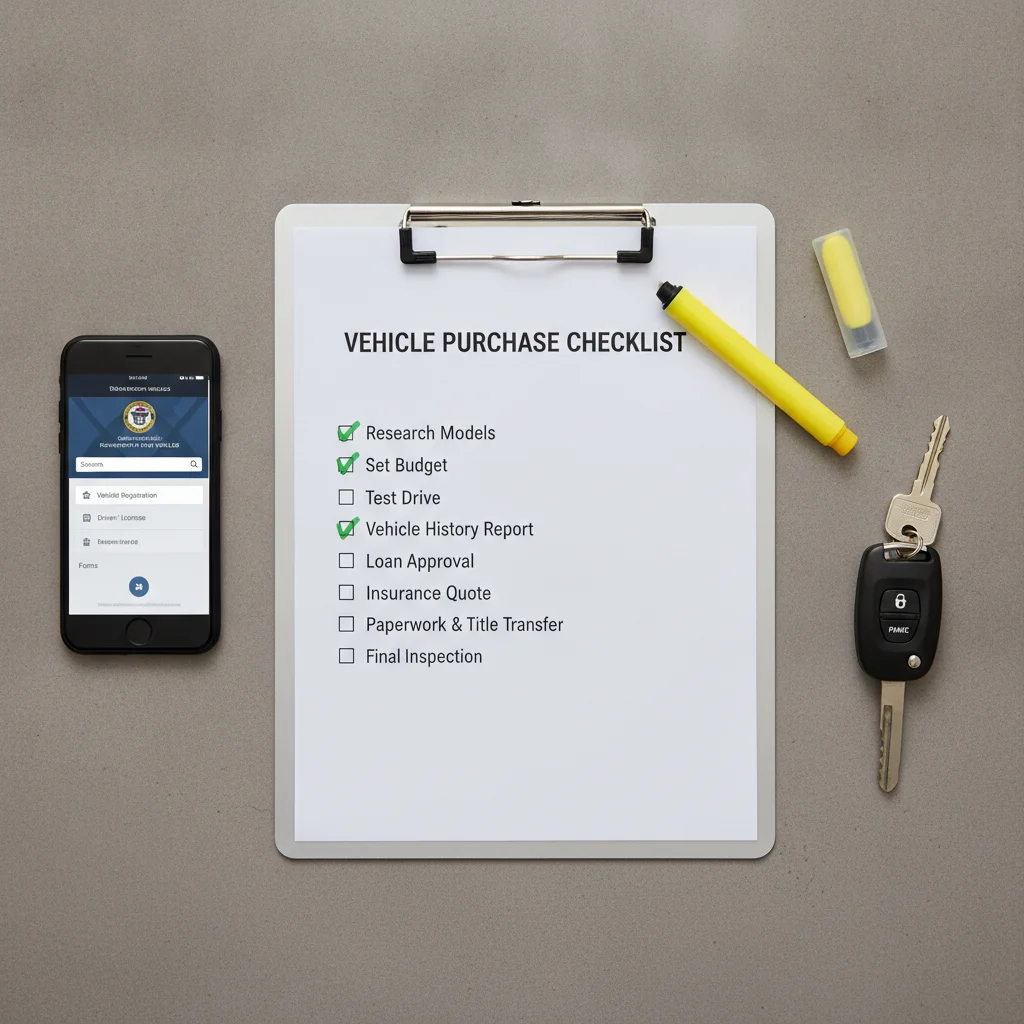 Clipboard with vehicle purchase checklist next to smartphone showing DMV website and car keys.