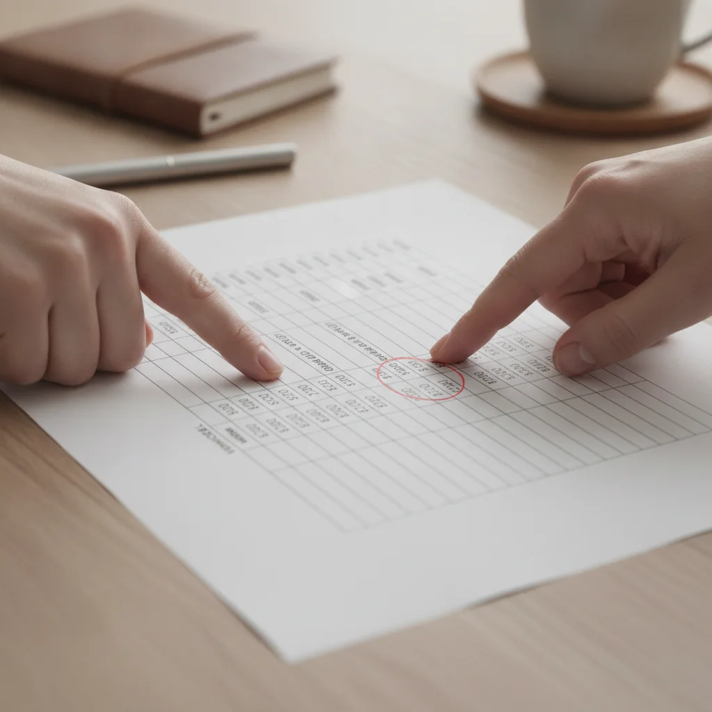 Two hands comparing out-the-door price columns on a printed dealership comparison spreadsheet.