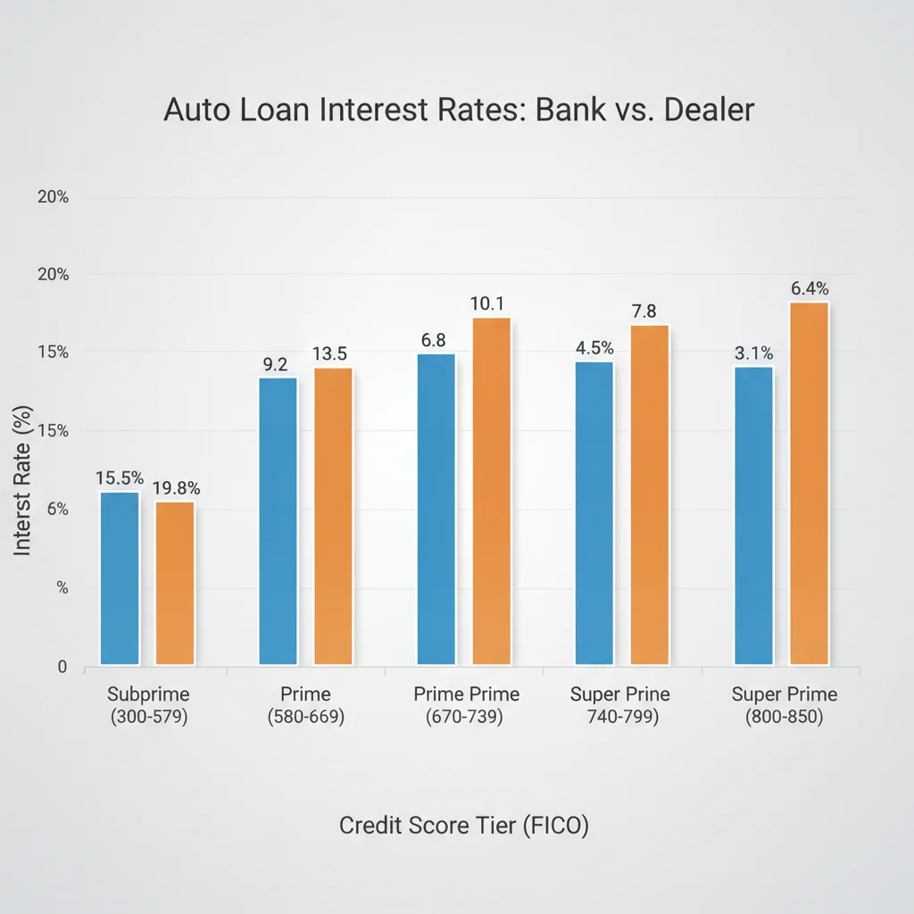 Bar chart comparing bank and dealer auto loan rates across different credit score ranges from subprime to super prime