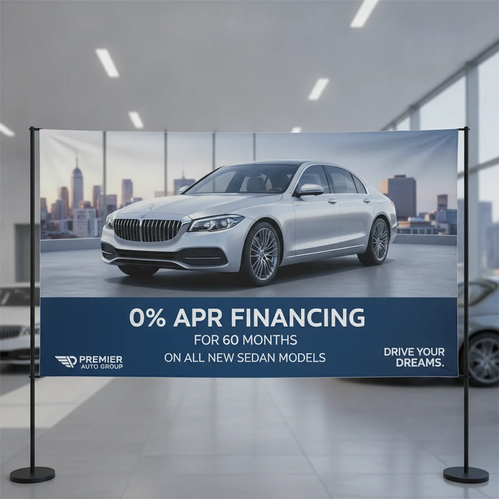 Car dealership showroom displaying a 0% APR promotional financing sign on a new vehicle