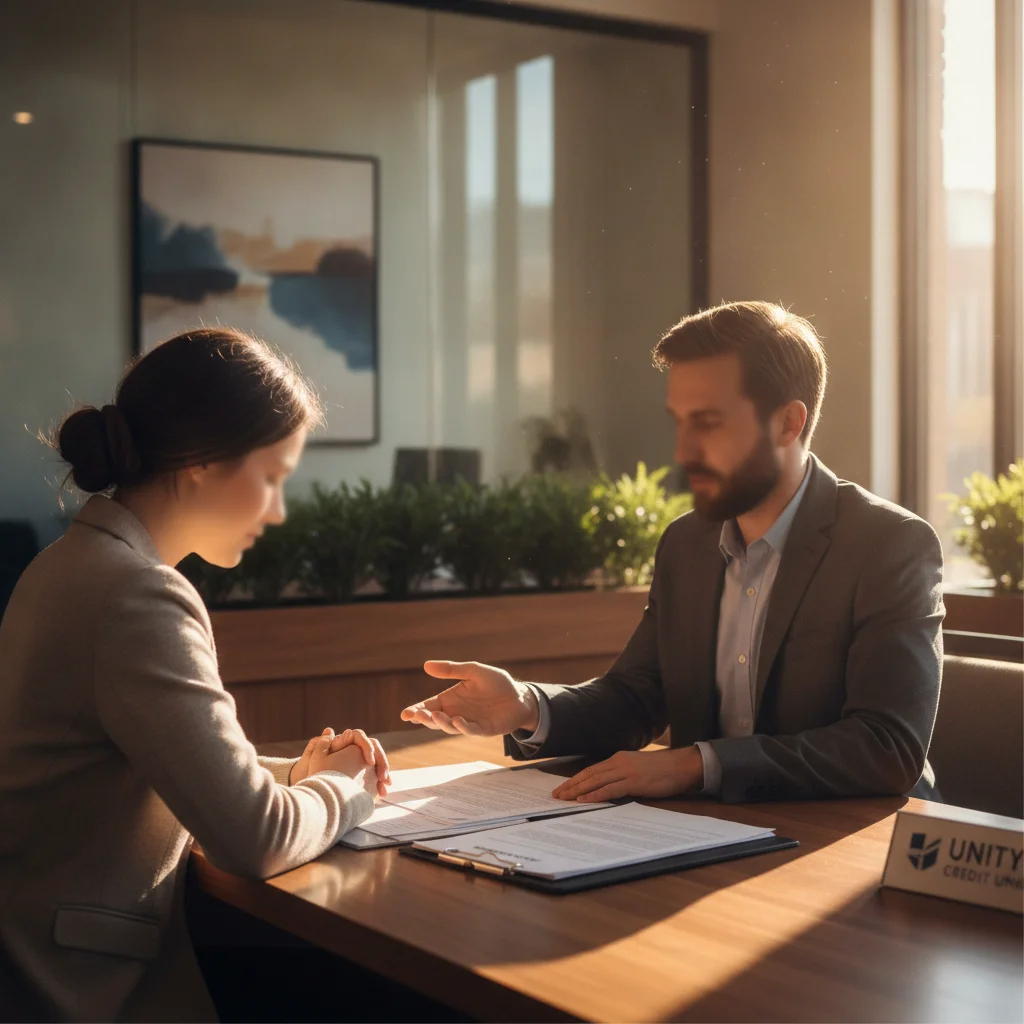 Car buyer reviewing auto loan terms with a credit union advisor at a professional office desk
