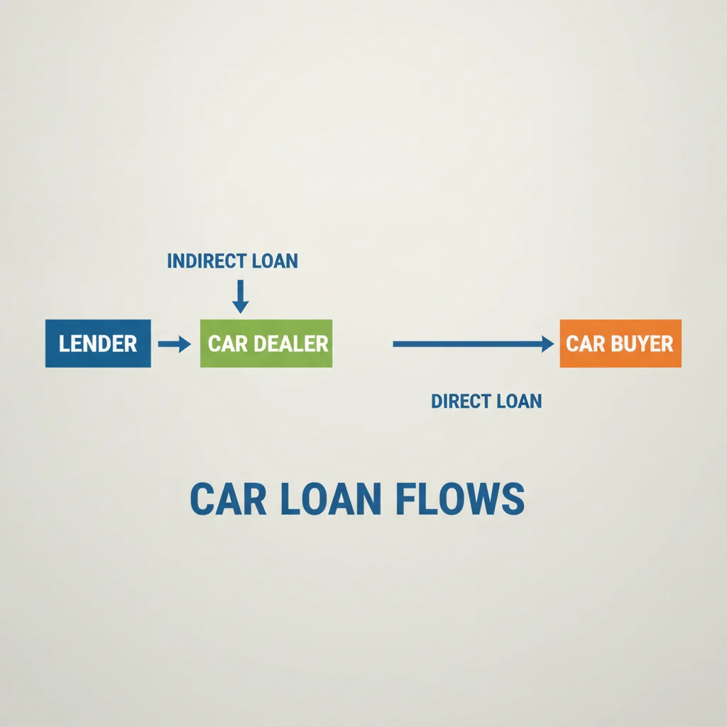 Diagram illustrating indirect dealer financing flow versus a direct lending path between lender and car buyer