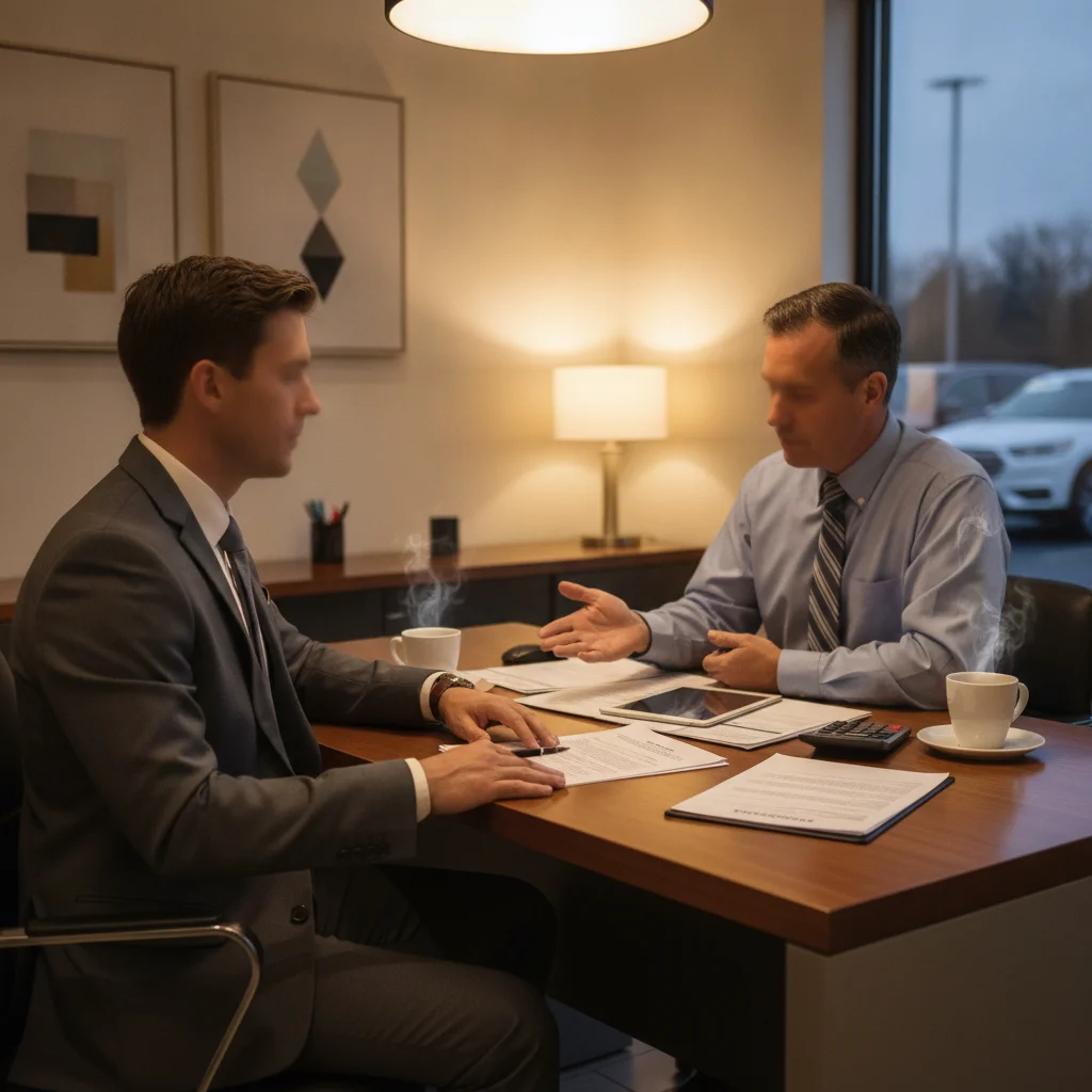 Person reviewing auto loan paperwork with a dealership finance manager in a professional office setting
