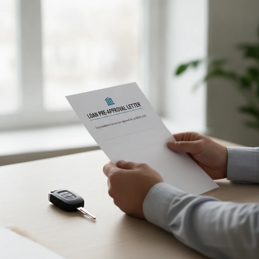 Person holding a printed auto loan preapproval letter alongside a car key, symbolizing financial readiness