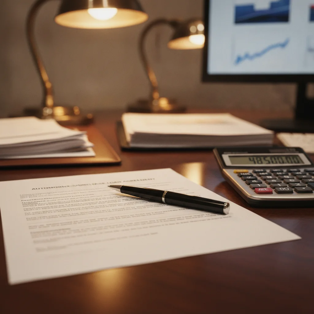 Loan contract and calculator on a dealership finance office desk ready for signing