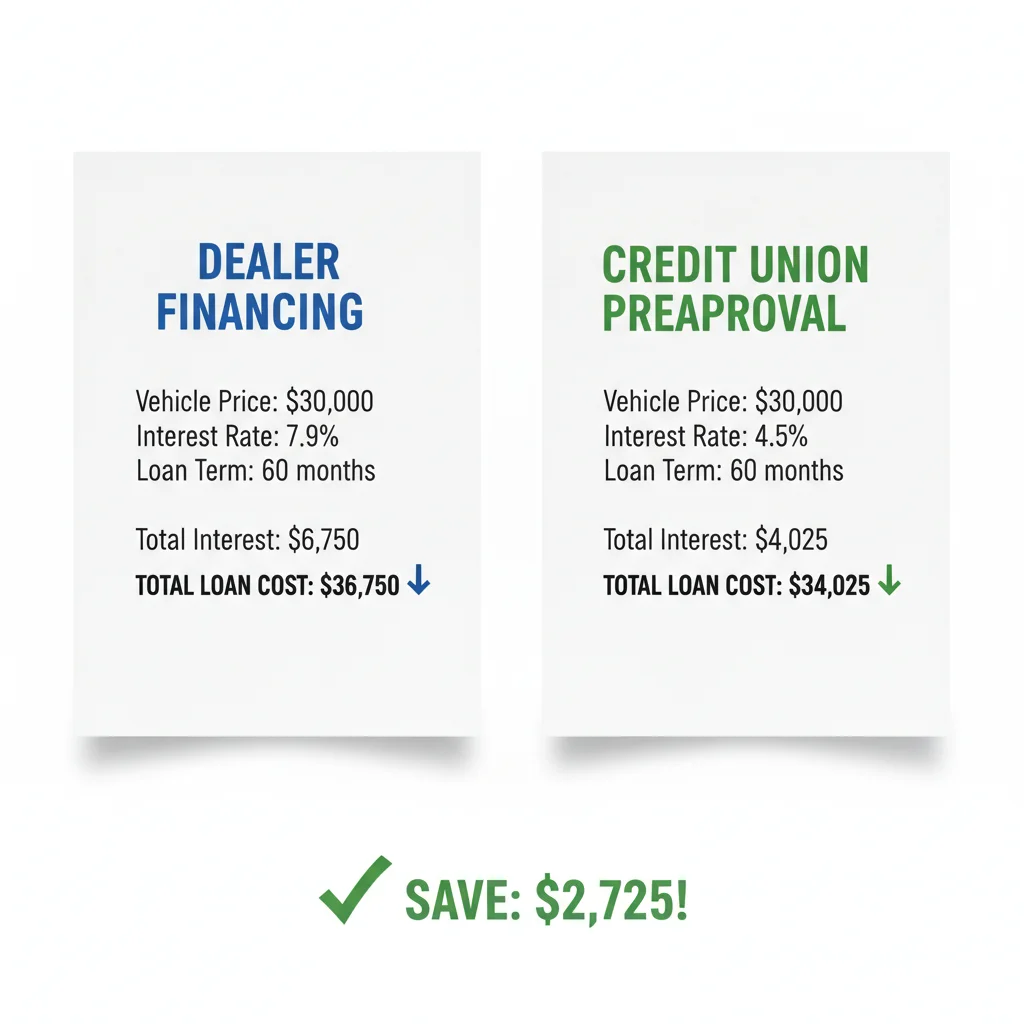 Side-by-side cost comparison chart showing dealer financing versus credit union preapproval loan totals