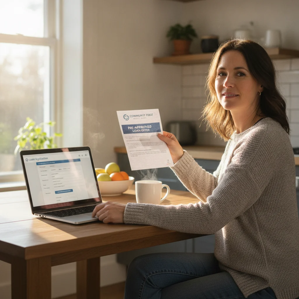 Person completing an online credit union loan preapproval application at home with printed letter