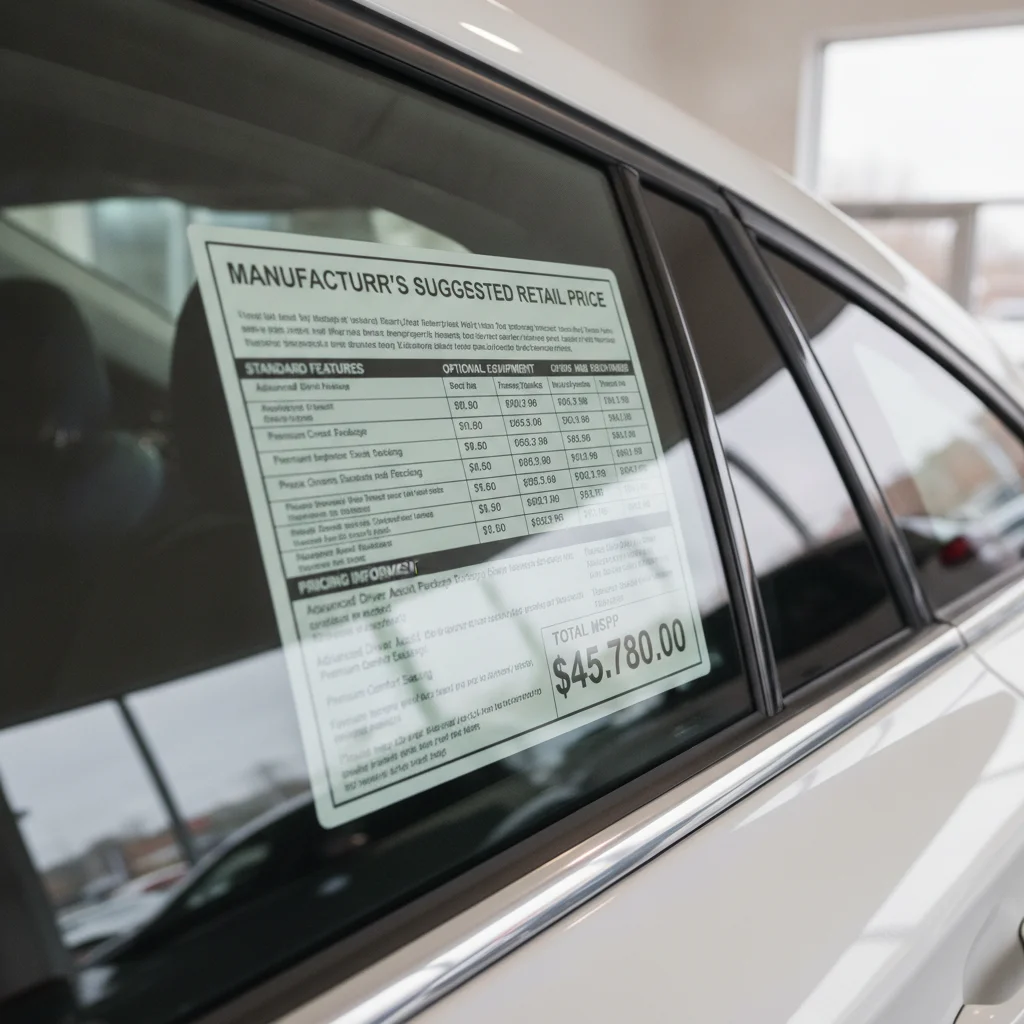 Close-up of a window sticker on a new car showing MSRP and pricing details at a dealership