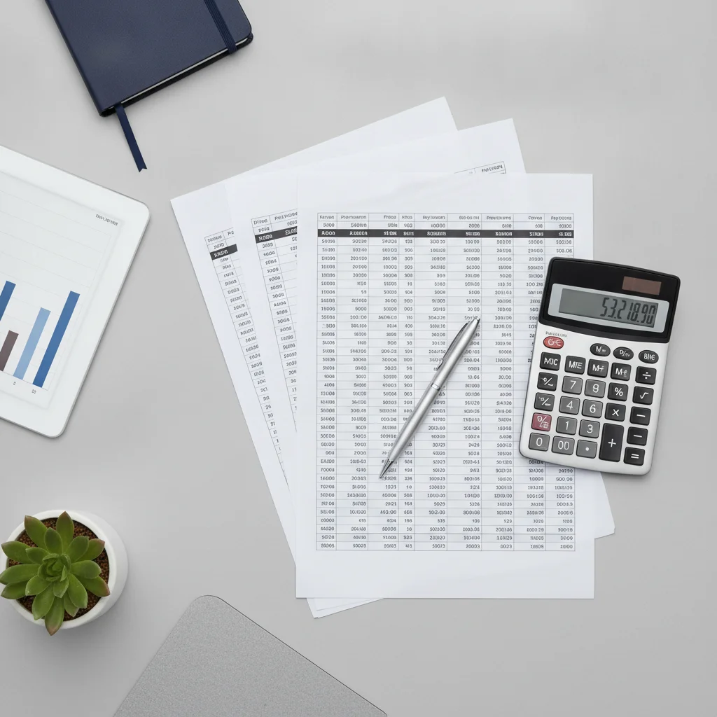 Financial documents and calculator on a desk showing pricing spreadsheets and numbers for vehicle cost analysis