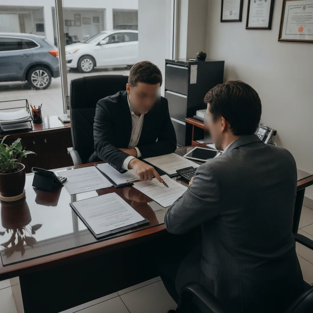Two people negotiating at a car dealership finance office desk with paperwork spread between them
