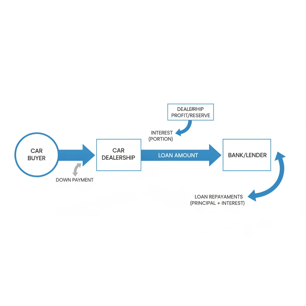 Infographic showing how dealer reserve flows from borrower through dealership to lender