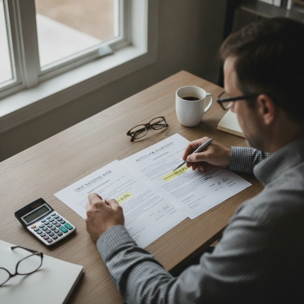 Person comparing two auto loan documents with different interest rates side by side