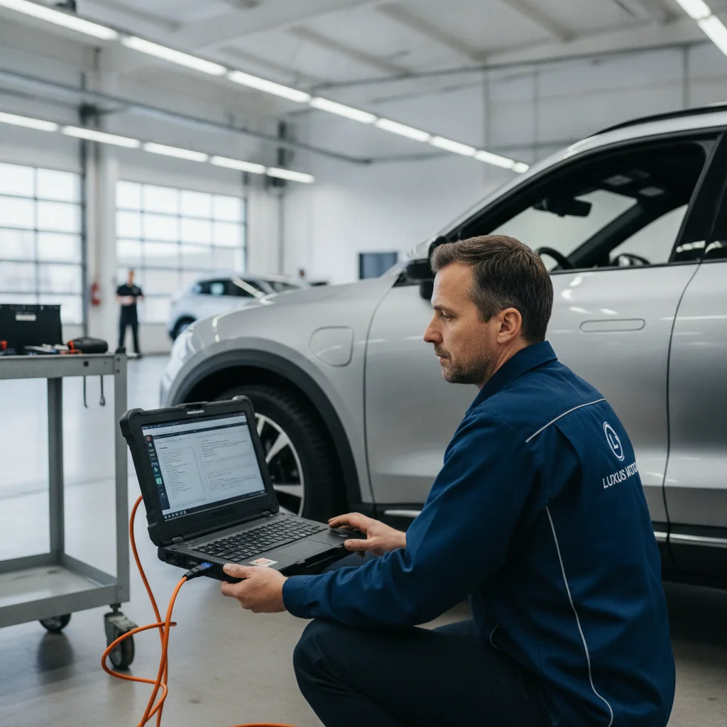 Dealership technician using proprietary diagnostic software connected to a vehicle in a service bay.