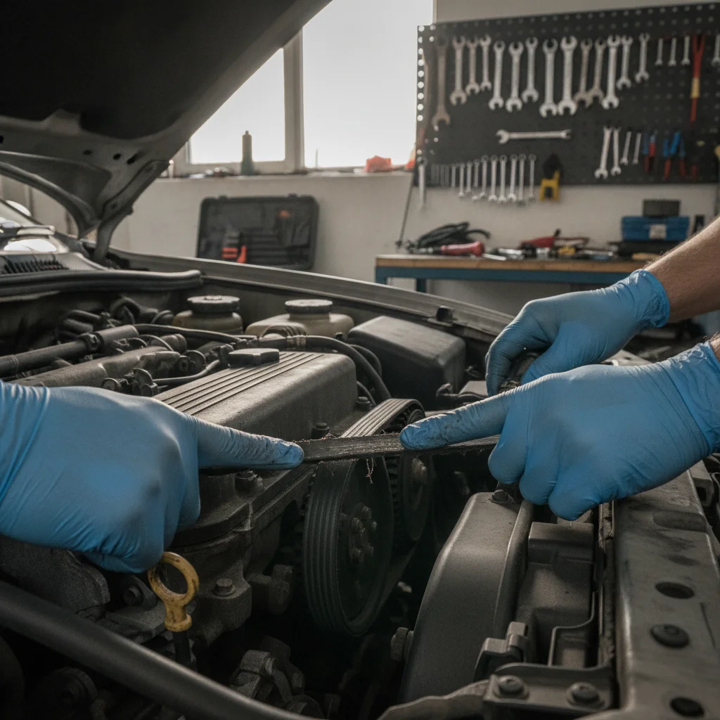 Mechanic pointing to a worn serpentine belt during an inspection in an independent repair shop.