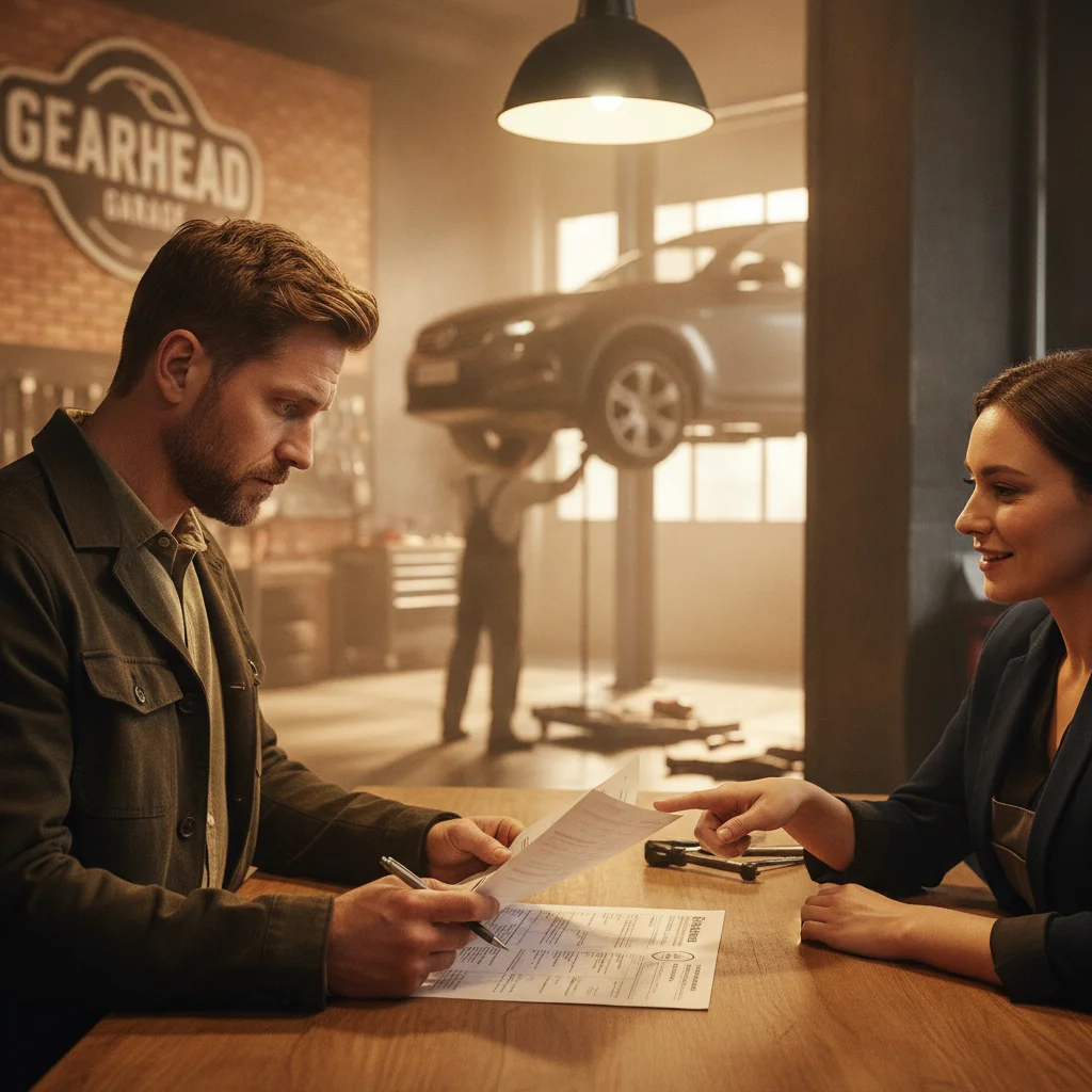 Car owner reviewing a service estimate at an independent repair shop counter with mechanic visible in background.