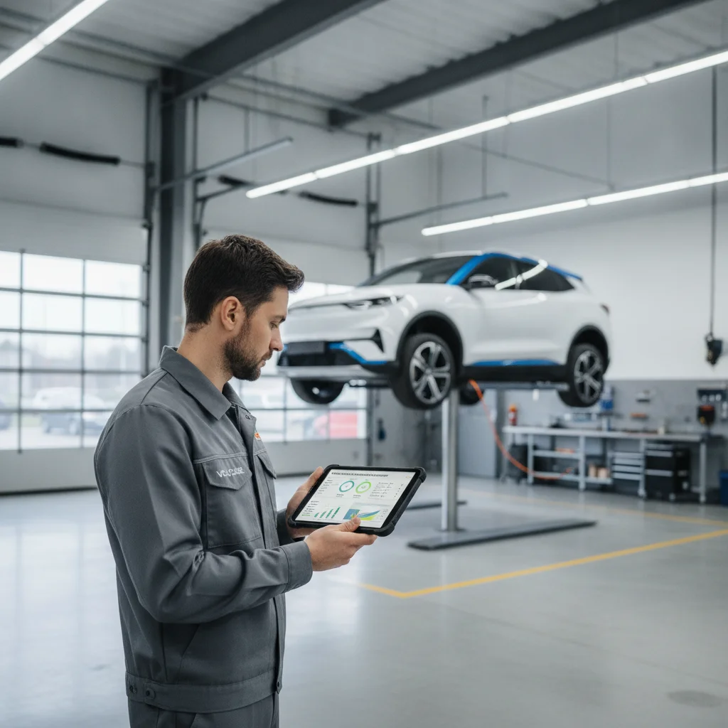 EV technician reviewing battery diagnostic data on a tablet in a dealership service bay.