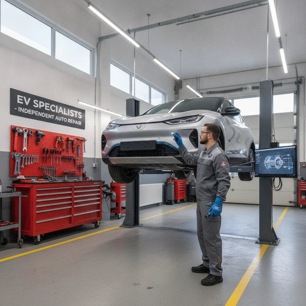 Independent shop technician wearing high-voltage safety gloves inspecting an electric vehicle on a lift.