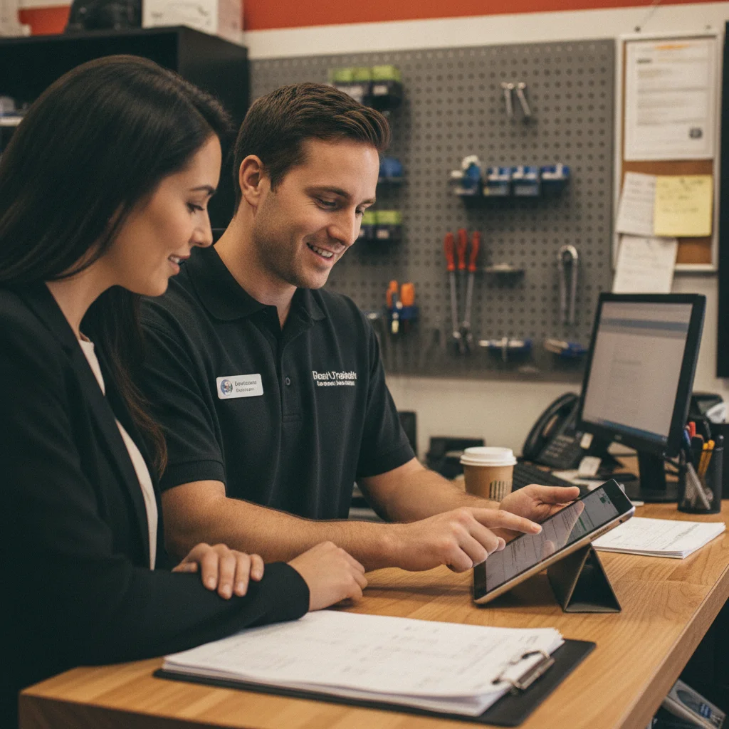 Service advisor reviewing EV maintenance records with a customer at an independent repair shop.