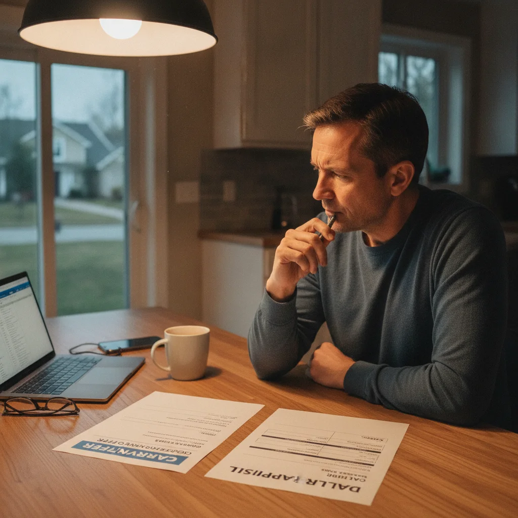 Person comparing a Carvana offer document against a dealer trade-in appraisal sheet at home
