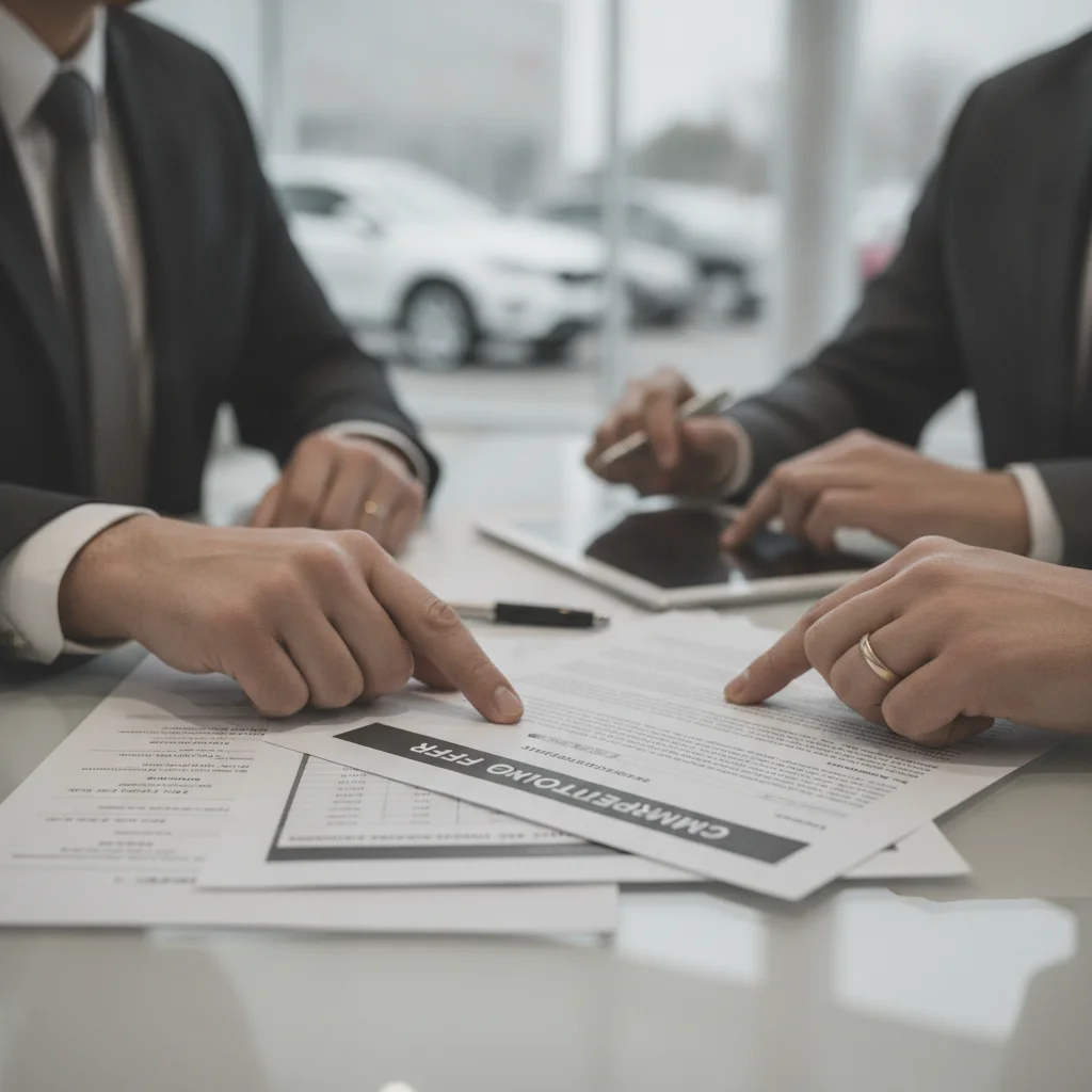 Negotiation across a dealership finance desk with printed competing trade-in offer visible on the table