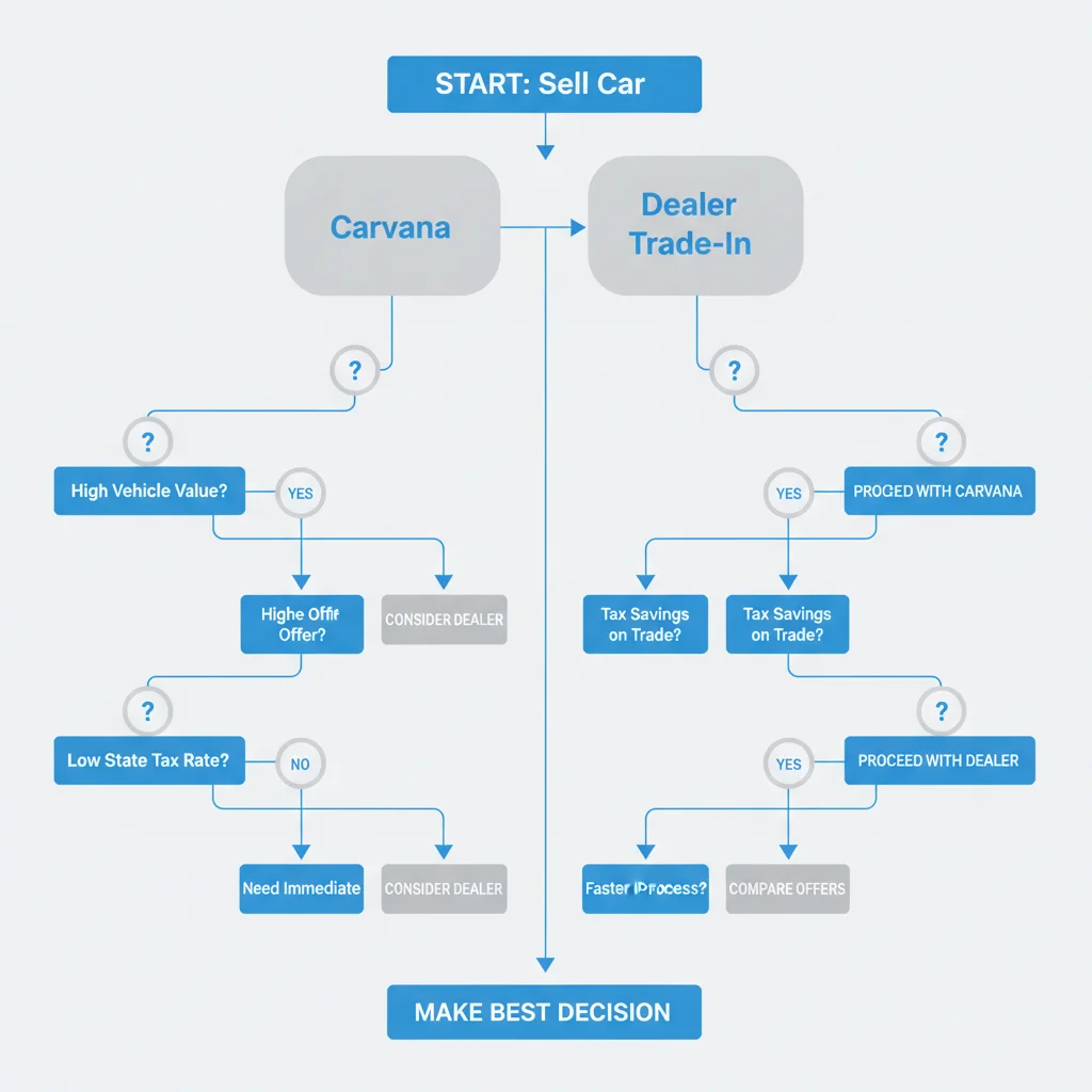 Decision tree diagram illustrating when to choose Carvana versus a dealer trade-in based on key financial factors