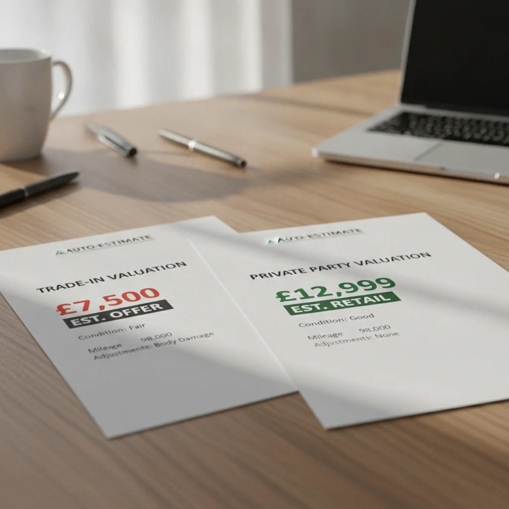 Two vehicle valuation printouts side by side showing trade-in value and private party value figures