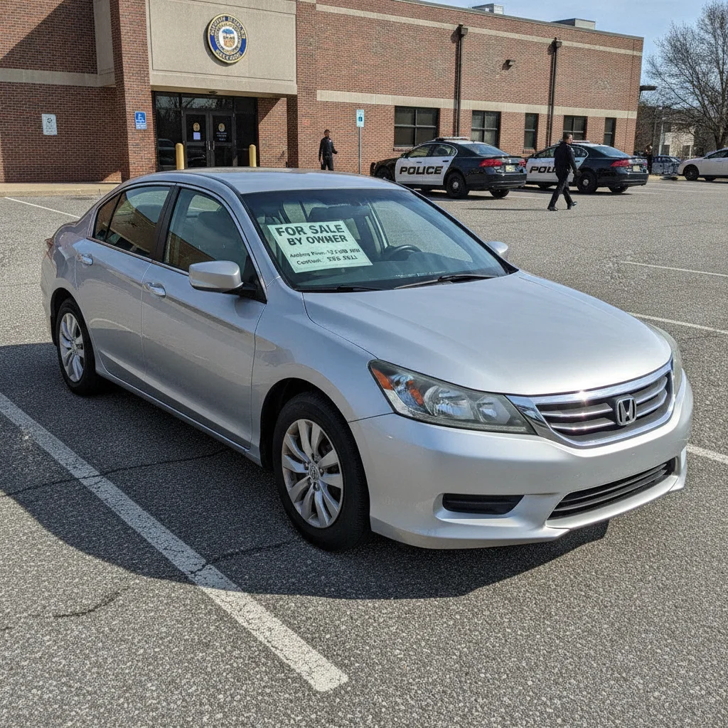 Car with a for-sale sign parked in a public police station parking lot for a safe private buyer meetup