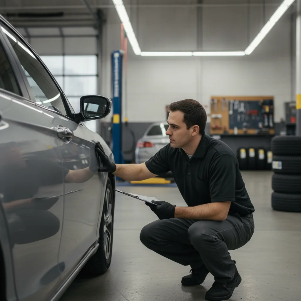 Dealership appraiser inspecting a used car's exterior condition with a clipboard in a service bay