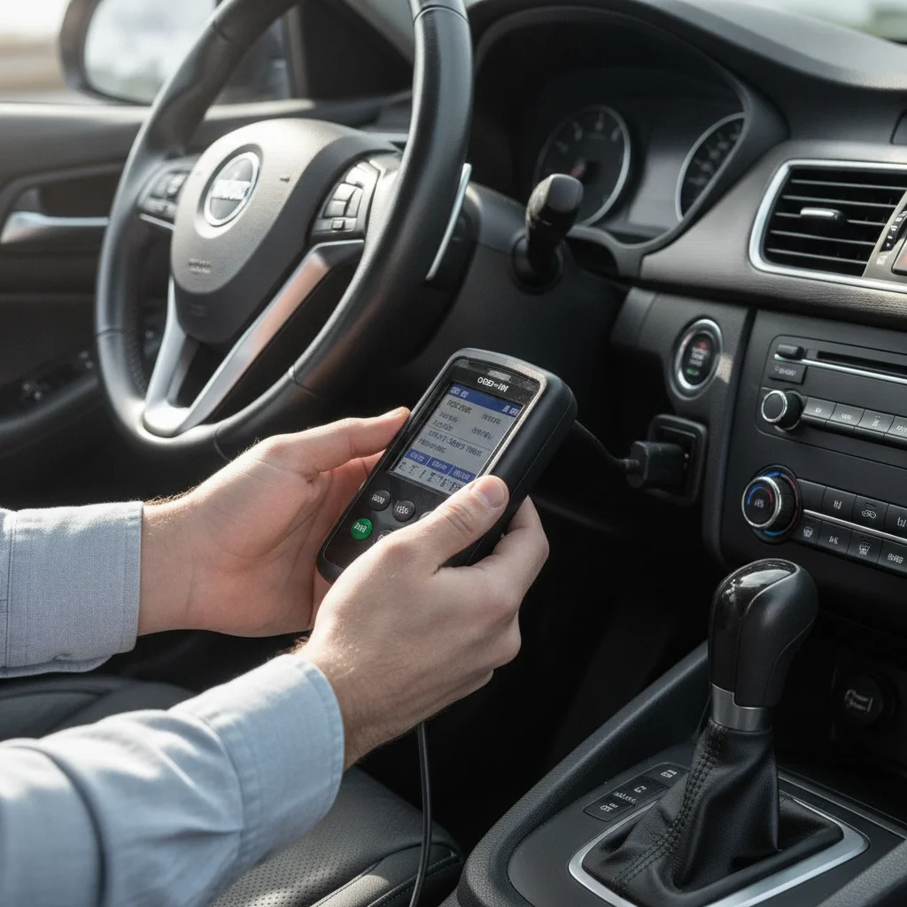 Person plugging an OBD-II scanner into a car's diagnostic port to read vehicle fault codes before a trade-in