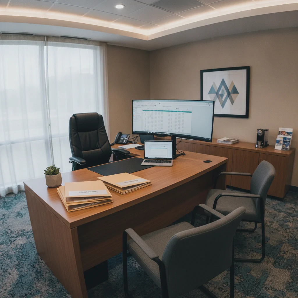 Dealership F&I office interior with desk, folders, and two chairs facing the finance manager