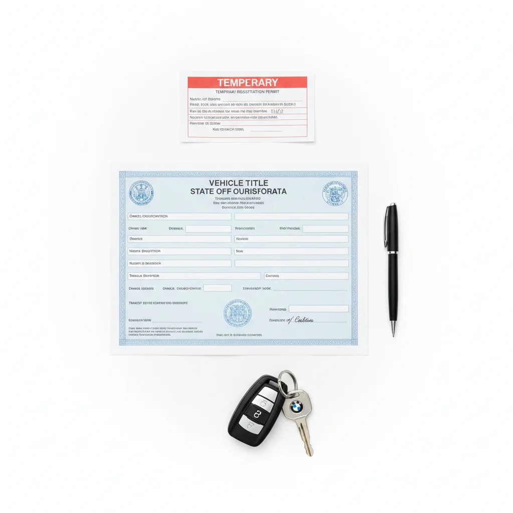 Vehicle title certificate, car keys, and temporary registration permit arranged on a flat surface