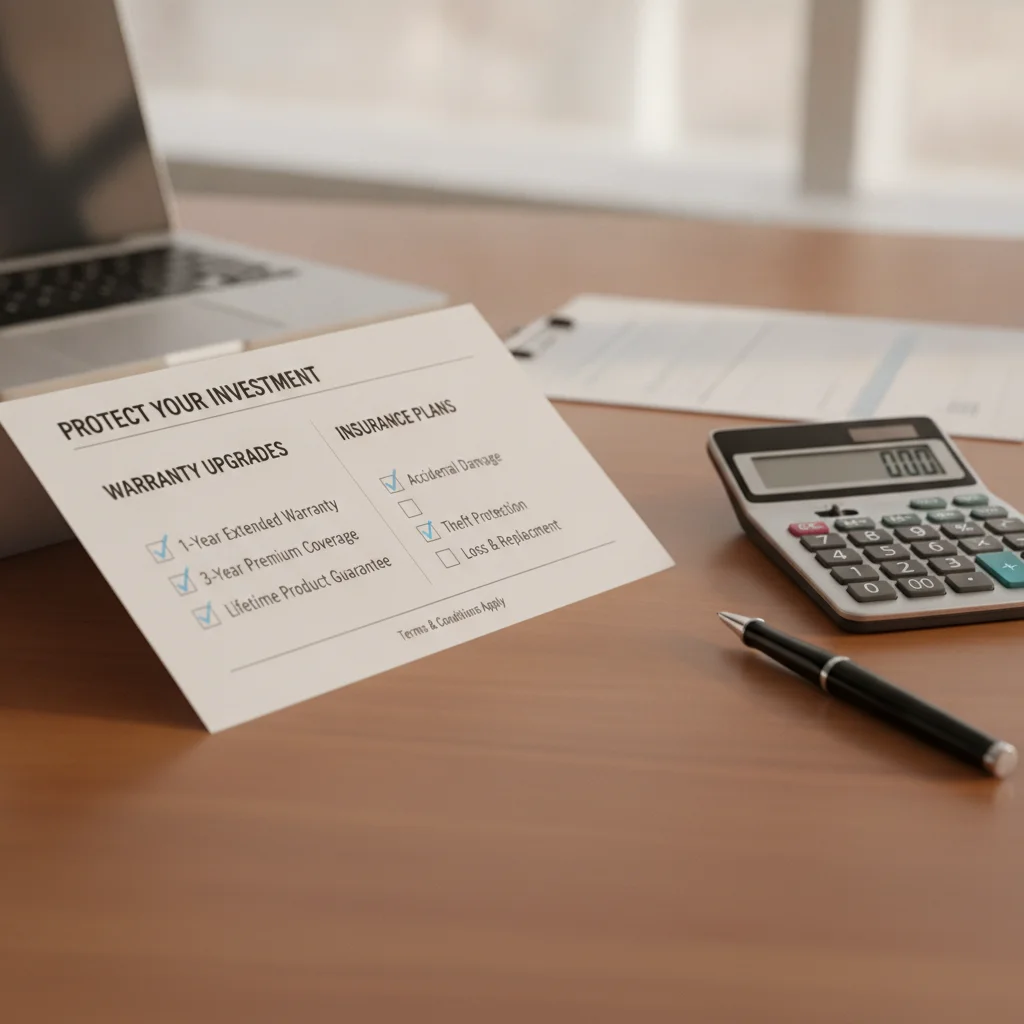 F&I product menu brochure showing warranty and GAP insurance options with a calculator on a desk
