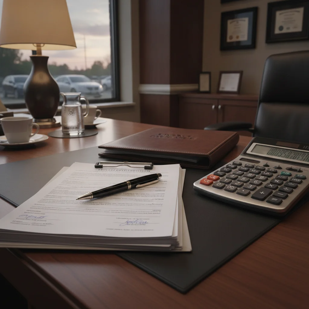 A car dealership finance office desk with loan documents and a calculator visible