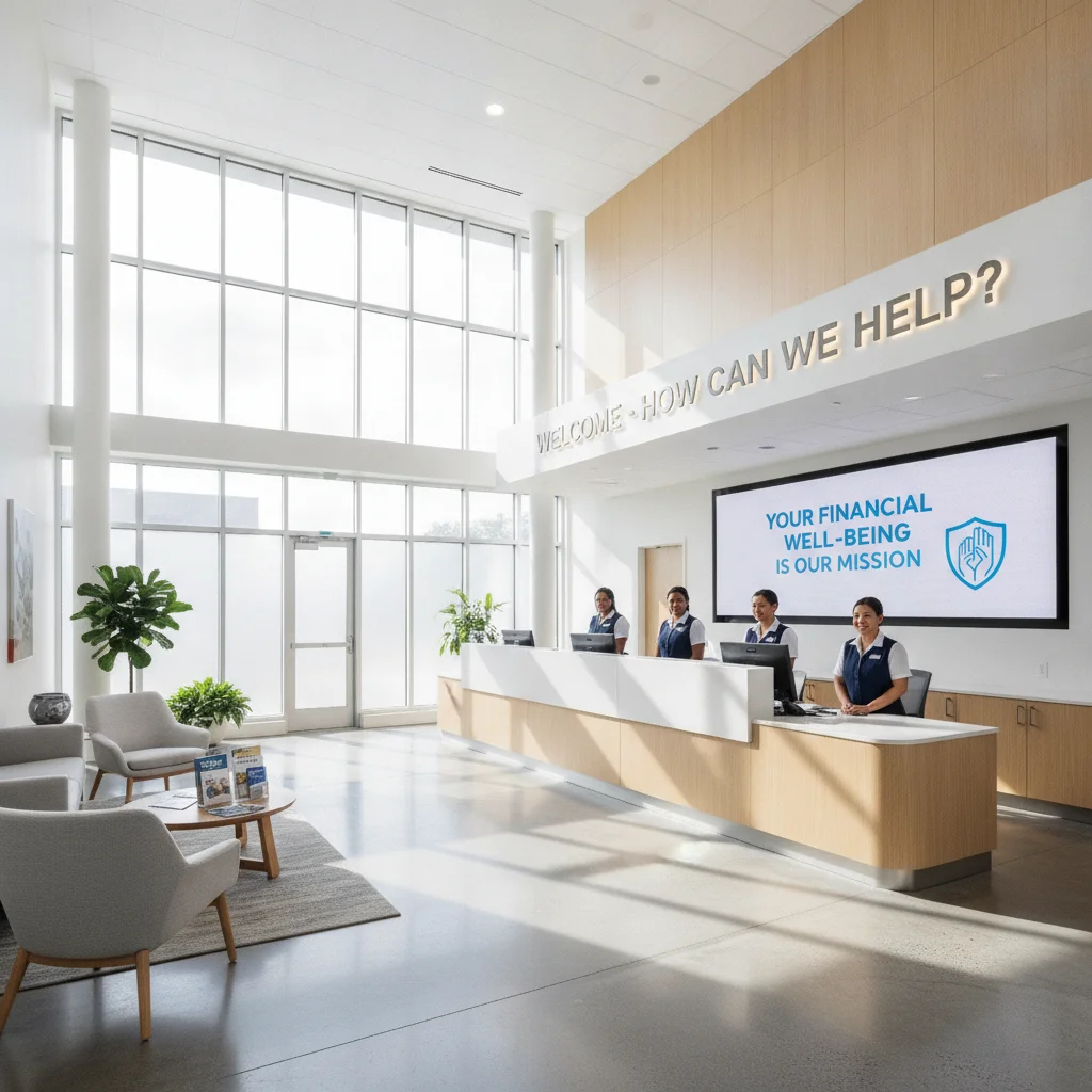 Interior of a modern credit union branch with service counter and natural light