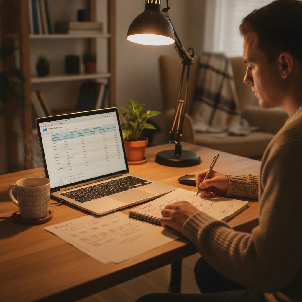 Person comparing auto loan refinancing offers on a laptop at a home desk with notes
