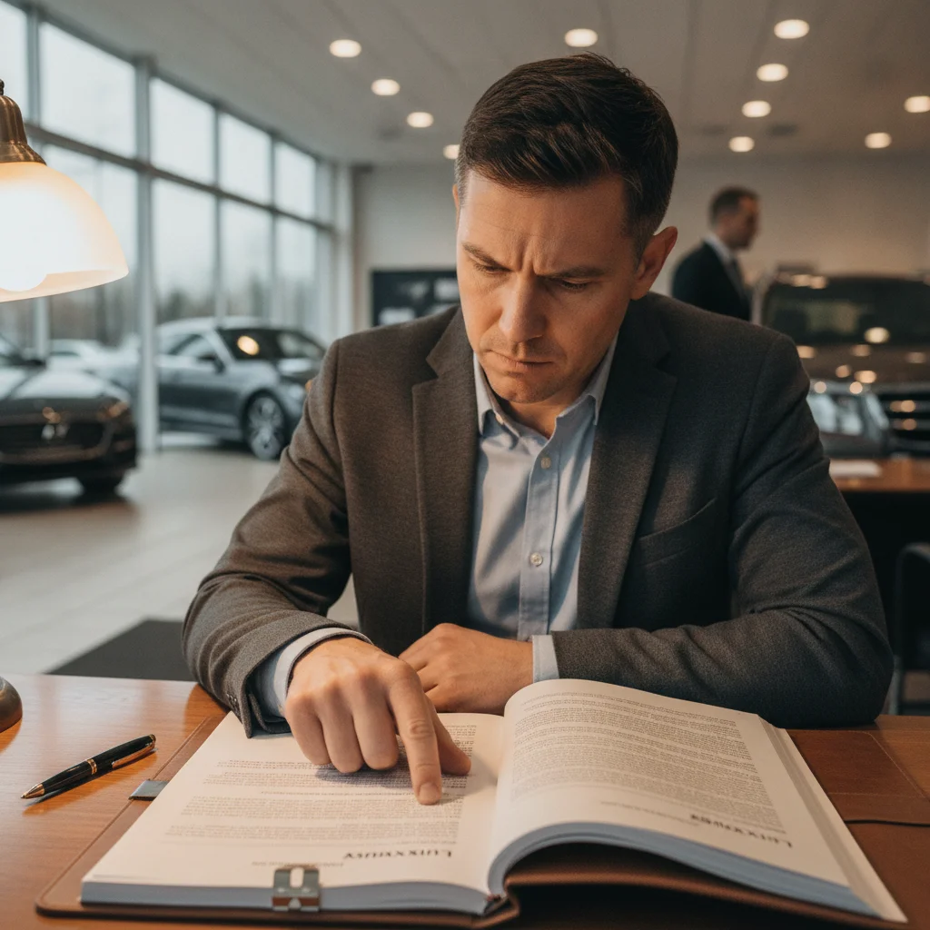 Buyer carefully reviewing line items on a dealership contract in the finance office