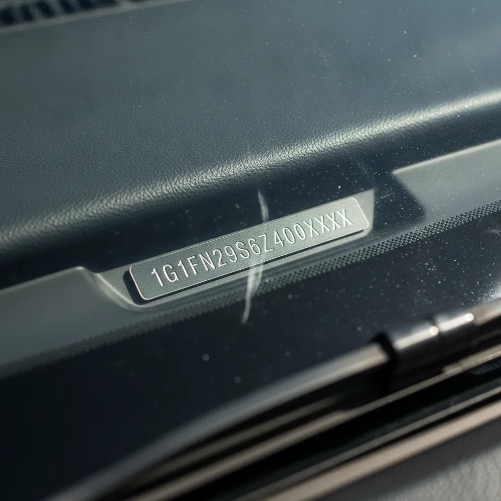 Close-up of a 17-character VIN plate visible through a car windshield on the dashboard