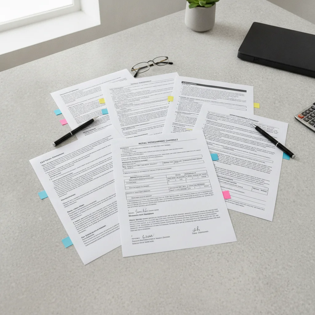 Multiple dealership contract pages and addenda spread on a desk with sticky-note flags marking key sections
