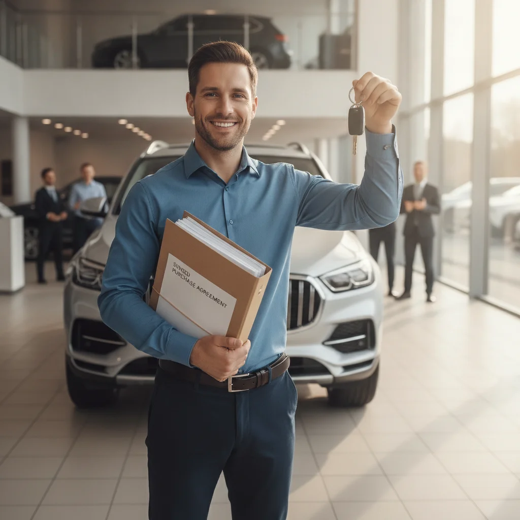 Car buyer holding a complete folder of signed dealership documents and car keys before leaving